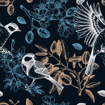 Floral spring garden seamless pattern. Birds on almond branches dark background design. Great tit with blooming twigs, nuts, flowers, leaves backdrop. Wildlife vector illustration for prints